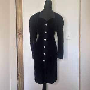 Vintage 80s/90s Black Velvet Long Sleeve Button-Front Dress Princess Diana